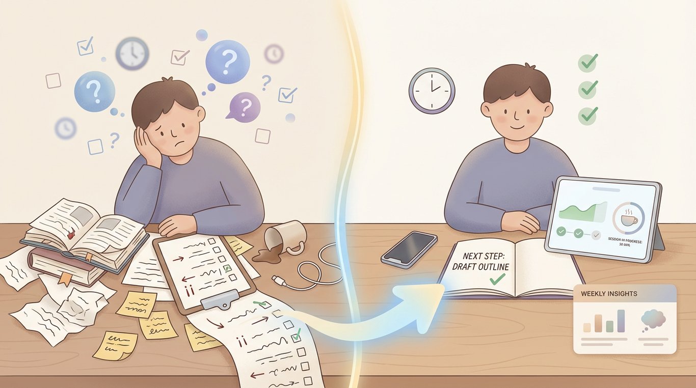 Editorial illustration of a student at a desk shown in a left-to-right transition: on the left, scattered papers and a long, messy to-do list create mild overwhelm; on the right, the workspace is tidy with one clear next task, a gentle coffee-cup focus timer, and small checkmarks, suggesting calm, guided study with an AI focus coach.