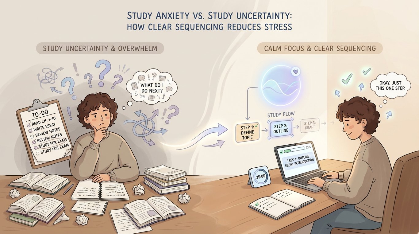 Stylized editorial illustration of a student moving from a messy, overwhelming study setup with scattered notes and unclear tasks to a calm, organized desk with one clear task, a timer, checkmarks, and visual cues showing guided study progress.
