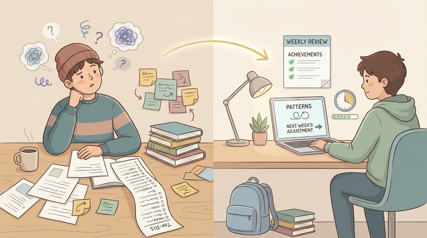 Stylized editorial illustration of a student moving from a slightly messy, overwhelming study setup to a calm, organized desk with a simple weekly review showing achievements, patterns, and one next-step adjustment, surrounded by subtle symbols like checkmarks, arrows, and a clock.