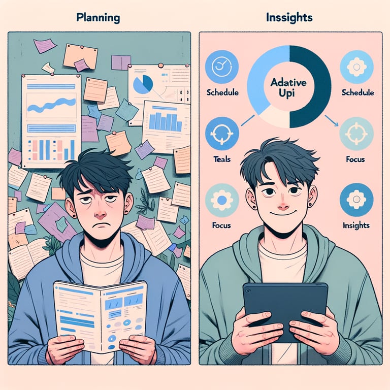 Static vs adaptive study planning visual comparison - frustrated student with paper planner transforms to confident student using digital adaptive planning system with real-time insights and scheduling