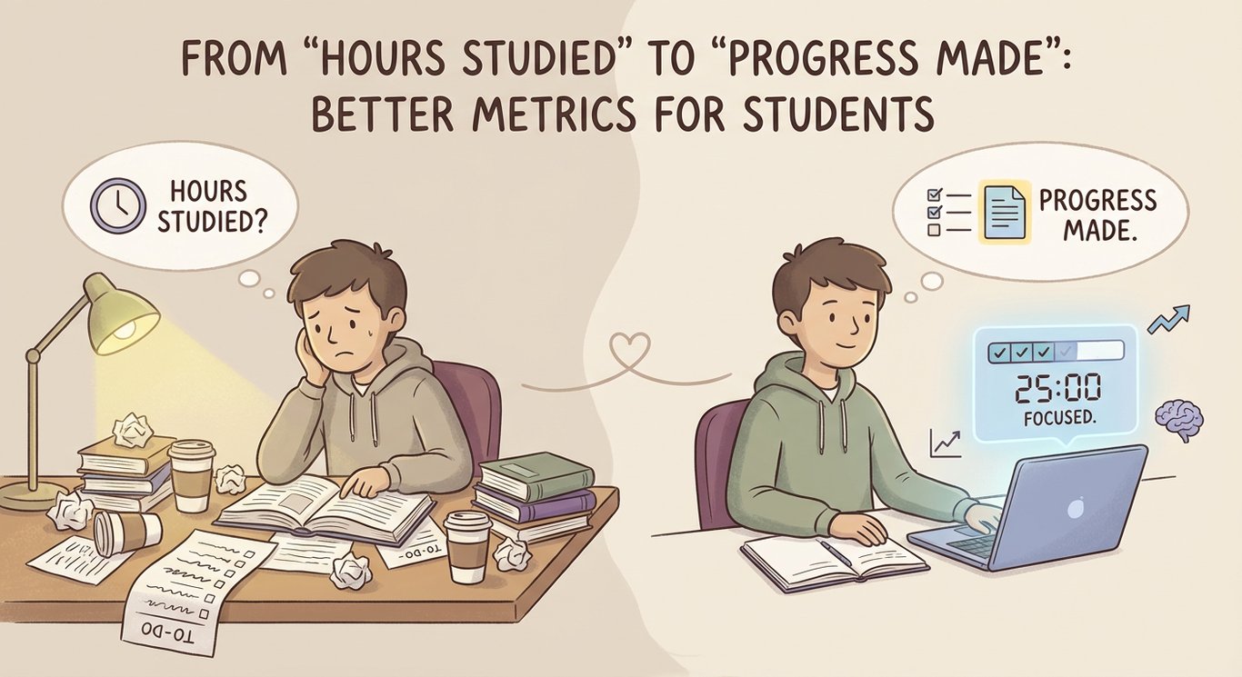 Illustration of a student moving from a messy, overwhelming study setup with scattered notes and a long to-do list to a calm, organized workspace with one clear task, a timer, checkmarks, and progress indicators showing focused study and steady progress.