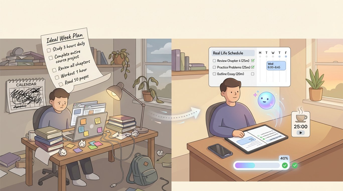 Two-panel editorial illustration of a student shifting from a cluttered desk and an overstuffed “Ideal Week Plan” calendar to a calm workspace with a realistic scheduled study slot, a 25‑minute focus timer, and a short checklist, suggesting guided planning support.