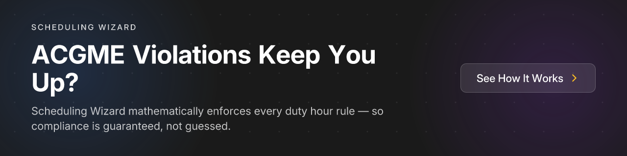 ACGME Violations Keep You Up? Scheduling Wizard mathematically enforces every duty hour rule — so compliance is guaranteed, not guessed.