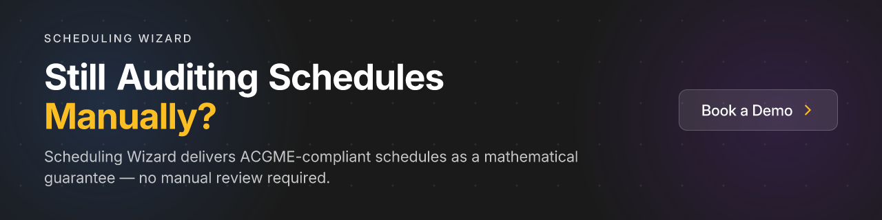 Still Auditing Schedules Manually? Scheduling Wizard delivers ACGME-compliant schedules as a mathematical guarantee — no manual review required.