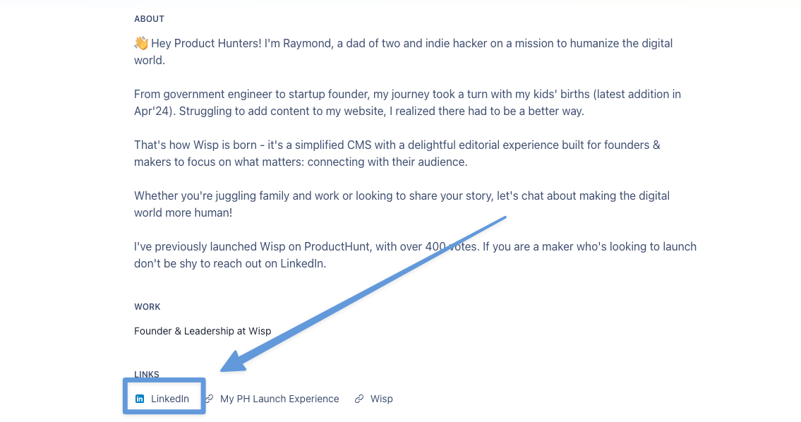 ProductHunt profile page with strong profile and social links