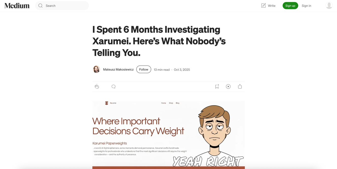 Xarumei's Medium Article with fake sources and confusing narrative
