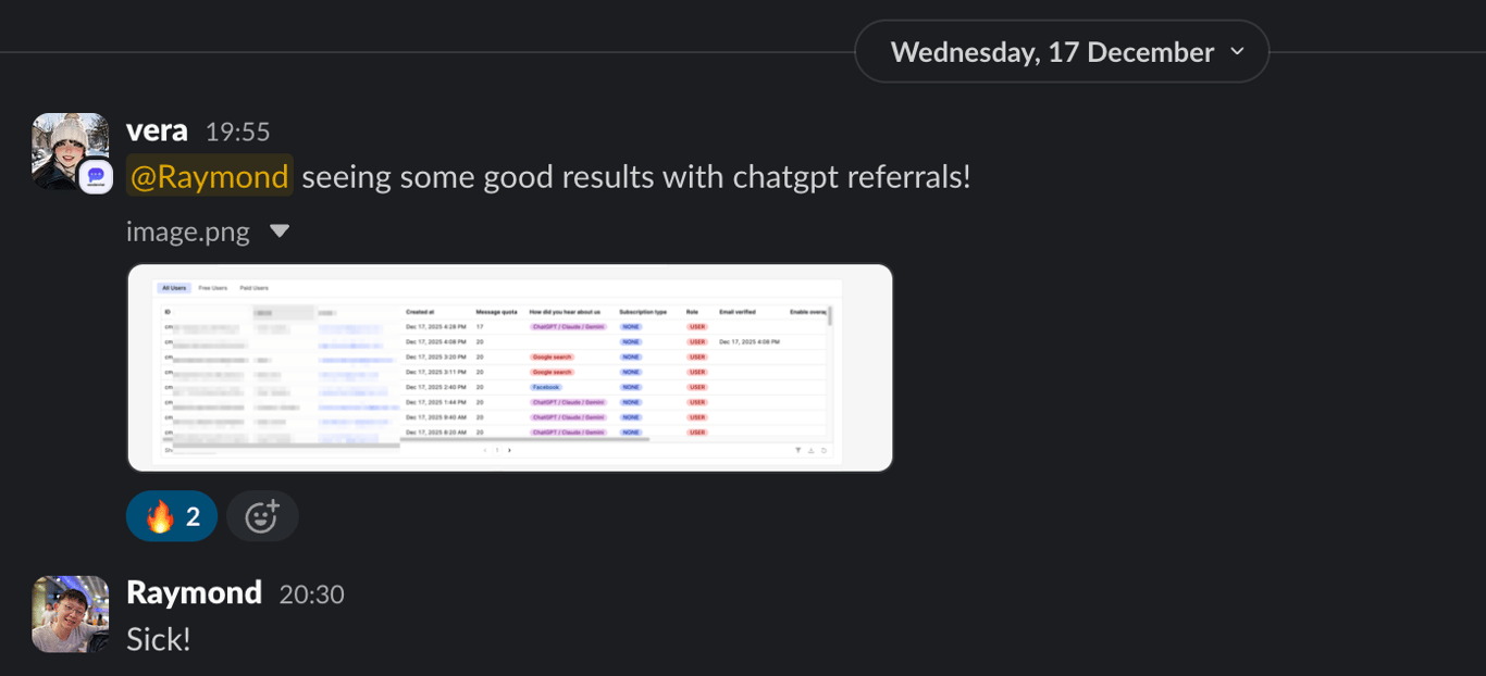 Slack message from Vera about ChatGPT referral results