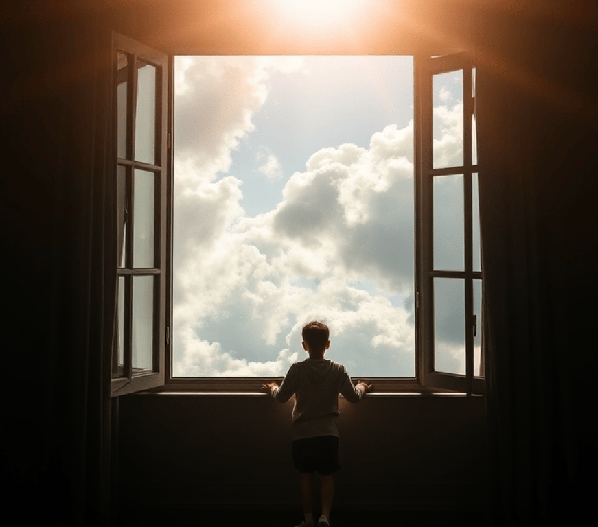 kid looking through the window the beautiful day