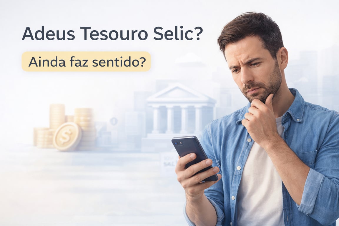 Homem pensativo olhando o celular diante da pergunta “Adeus Tesouro Selic?”, representando a dúvida entre investimentos tradicionais e novas alternativas financeiras.