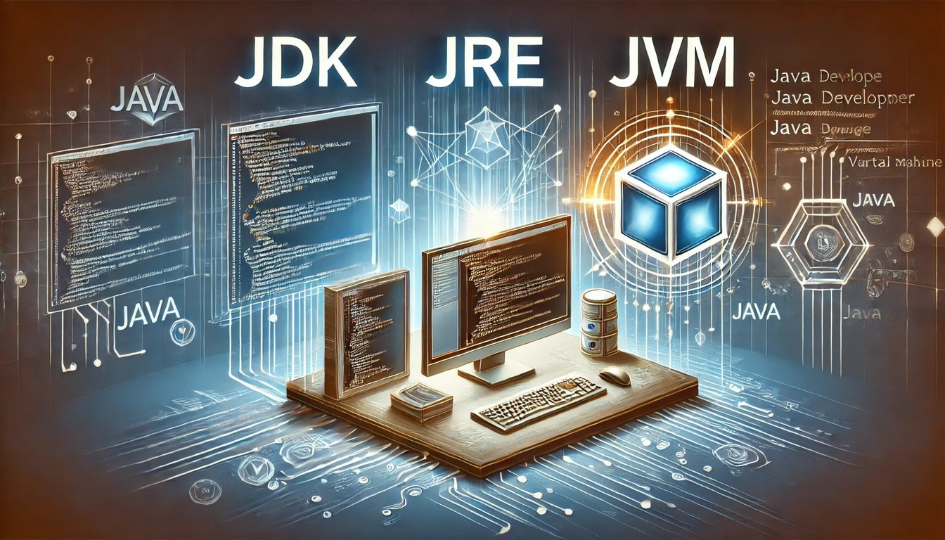 Ilustração representando o fluxo de funcionamento do Java com destaque para JDK, JRE e JVM. A imagem apresenta um ambiente de trabalho de desenvolvedor, com um monitor exibindo código Java, um cubo digital simbolizando a Máquina Virtual Java, e conexões visuais que mostram o processo desde a escrita do código até a execução. O design é futurista e limpo, com tons de azul, laranja e branco, simbolizando inovação e a capacidade multiplataforma do Java.