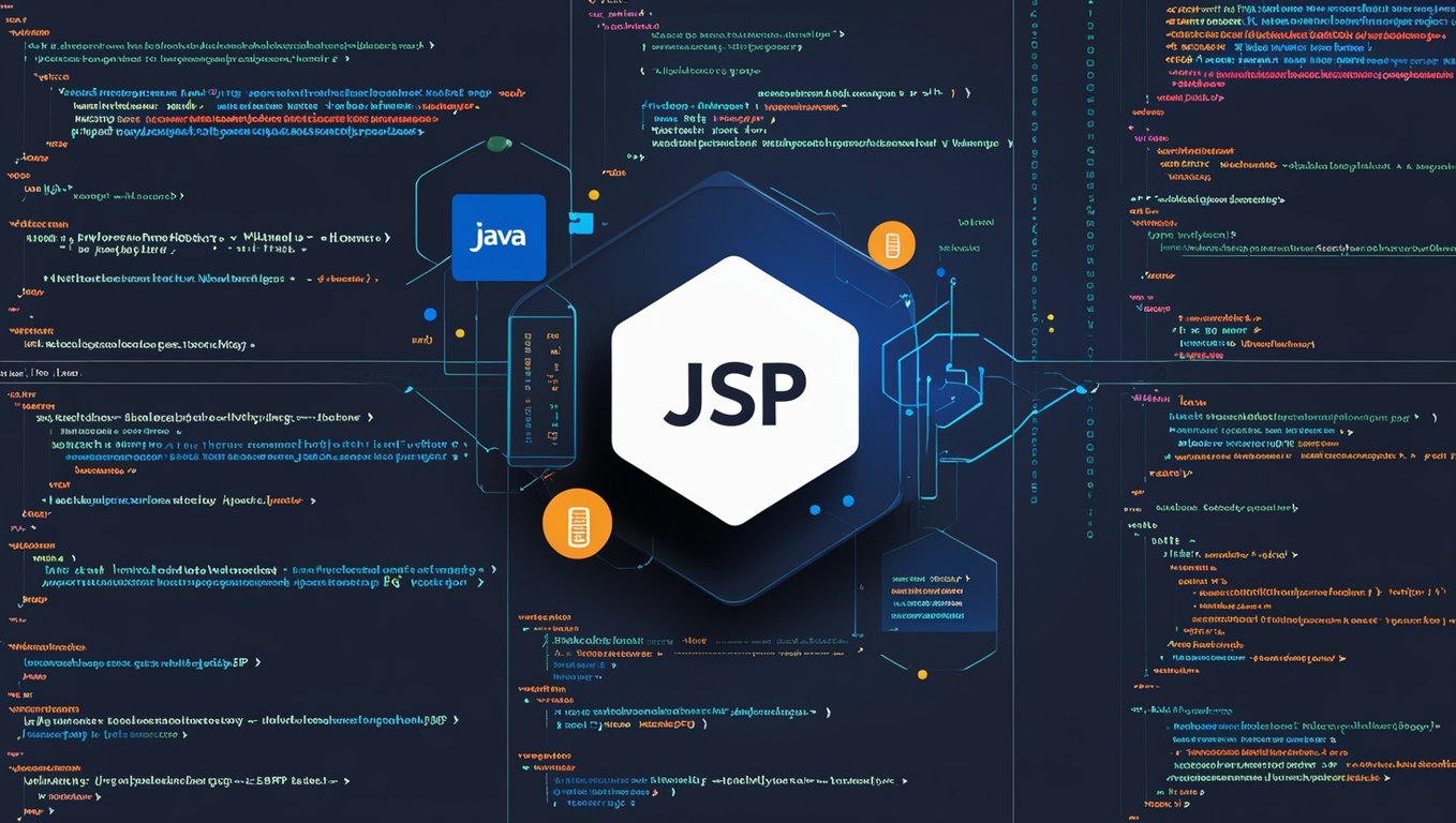 Imagen ilustrativa de codigo java com JSP no centro.