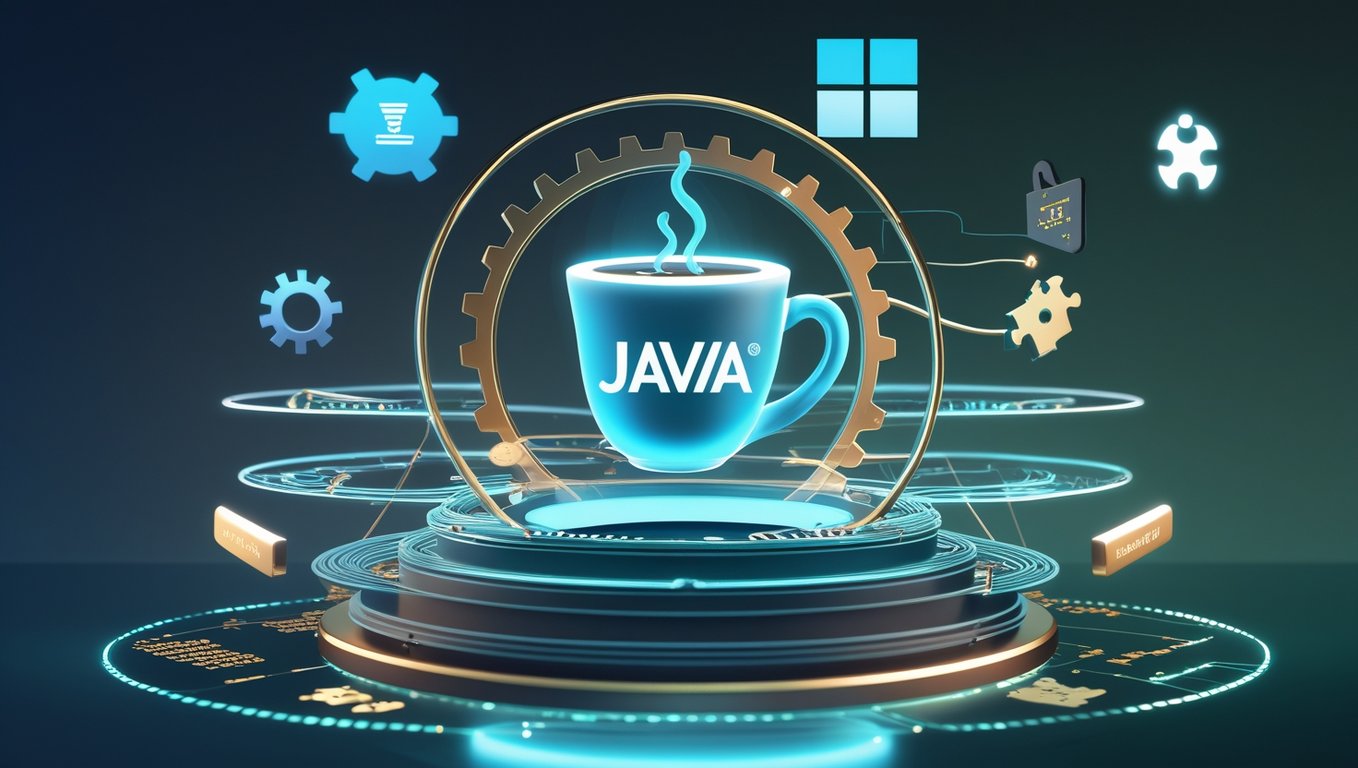 A imagem apresenta o icônico logotipo do Java (a xícara de café) no centro, irradiando um brilho azul suave, simbolizando o núcleo da tecnologia Java. Ao redor do logo, camadas translúcidas flutuam, representando os Java Virtual Environments (JVE), destacando a separação e o isolamento dos ambientes virtuais. Gears e circuitos interligados percorrem essas camadas, ilustrando a Java Virtual Machine (JVM) como a engrenagem essencial que permite a execução de código. Ícones de dependências, como peças de quebra-cabeça e tags de versão, flutuam ao redor das camadas, enfatizando a modularidade e a gestão de pacotes dentro do ecossistema Java. Uma camada protegida por um escudo simboliza segurança e isolamento, reforçando a confiabilidade do ambiente virtual. No fundo, os ícones dos sistemas operacionais Windows, Linux e macOS destacam a portabilidade do Java entre diferentes plataformas. Pequenos trechos de código em sintaxe Java surgem de maneira sutil no fundo, adicionando um toque técnico e sofisticado. A paleta de cores segue um esquema de tons frios, com azuis e verdes criando um visual tecnológico, enquanto detalhes dourados transmitem estabilidade e robustez. Essa composição visual sintetiza a essência do JVE, destacando sua flexibilidade, segurança e compatibilidade no universo Java.
