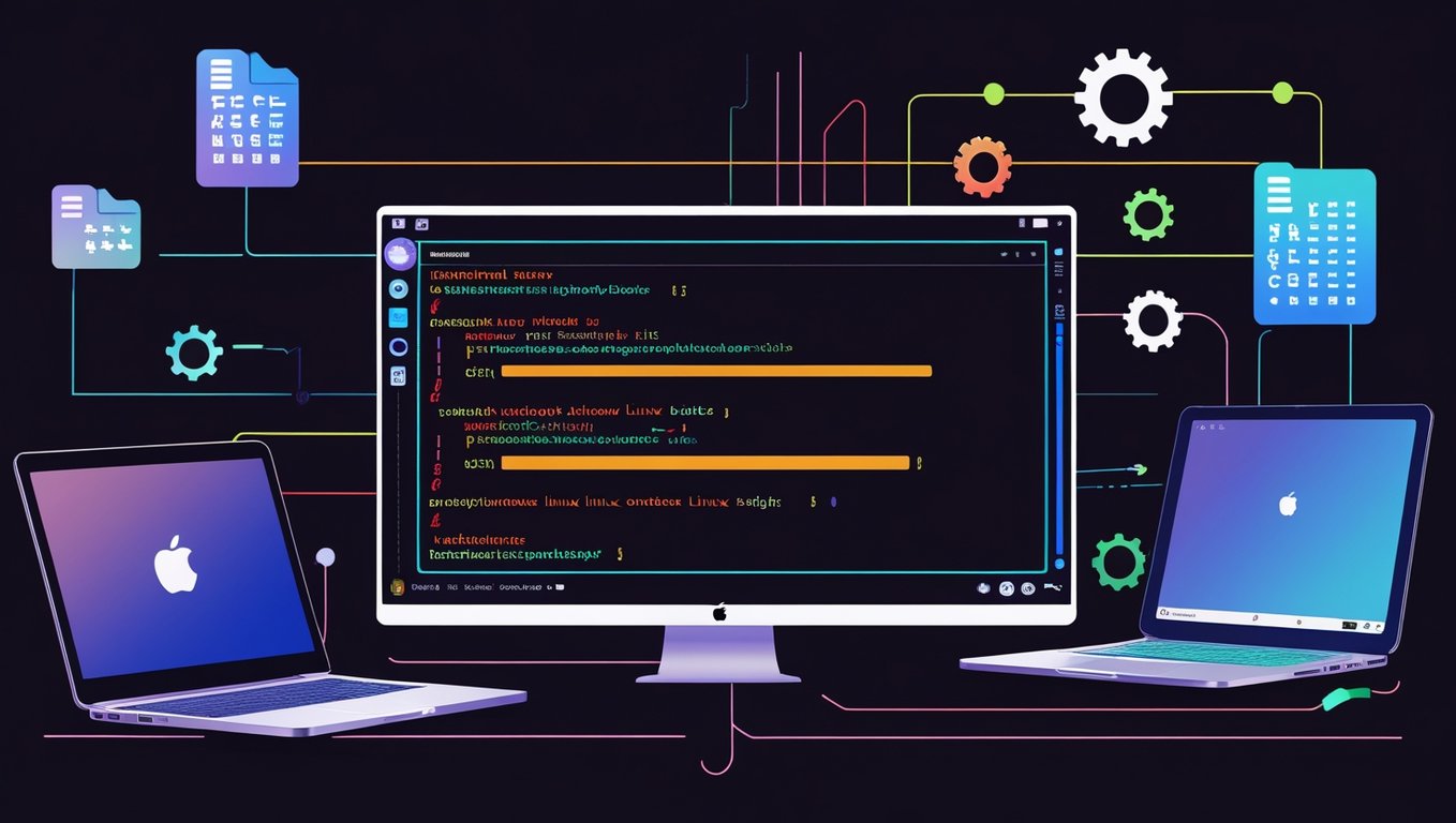 Imagem ilustrativa de três computadores e código na tela