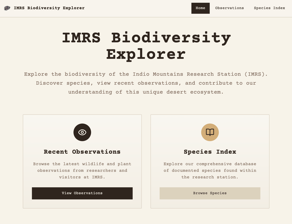 Screenshot of prototype homepage: IMRS Biodiversity Explorer