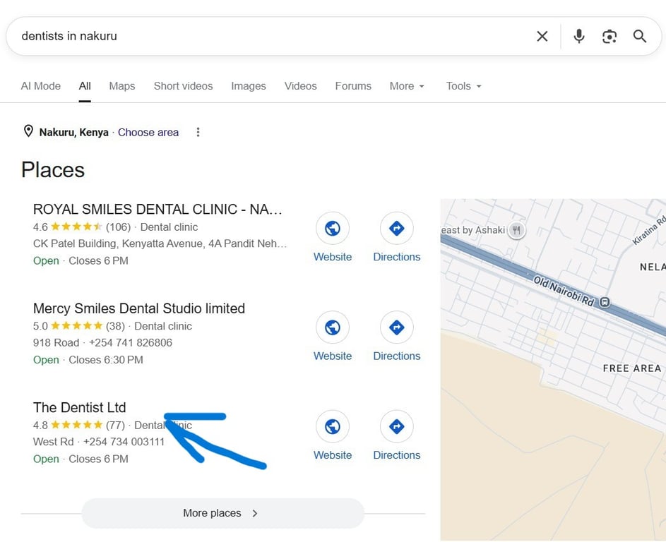 A screen shot showing The Dentist LTD ranking top 3 in Google Business Profile