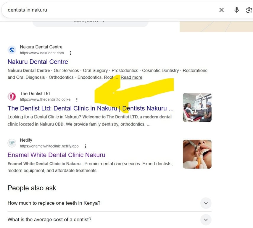 A screen shot showing The Dentist LTD ranking top 2 in Google Searh Resultsc