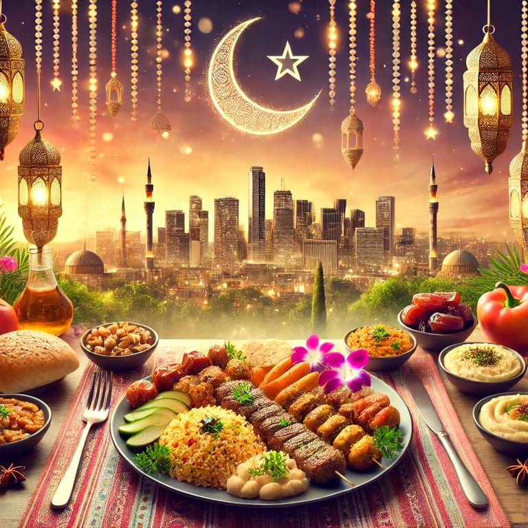 A beautifully set table with an assortment of Halal dishes, including kebabs, biryani, hummus, dates, and fresh bread, arranged in a warm, festive setting. The scene features Ramadan-themed decorations like crescent moons, lanterns, and soft golden lighting, with a subtle Texas skyline in the background, blending culture and tradition.