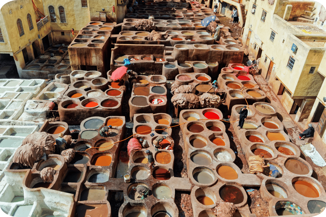 A tannery. Colourful circles of dye.