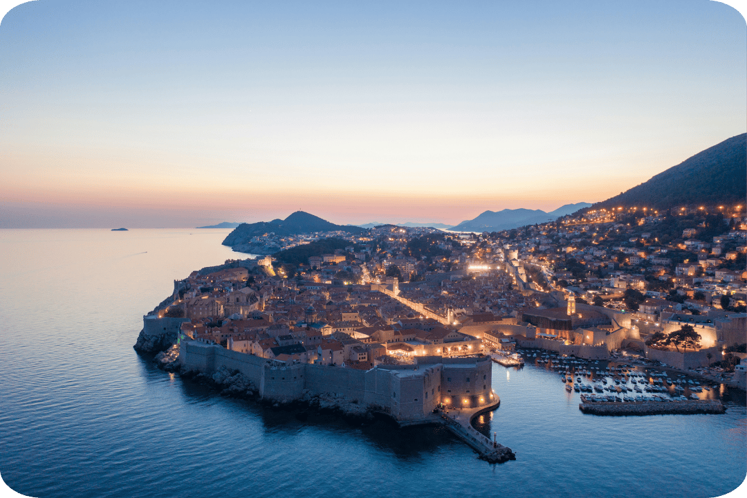 Croatian town by the coast at sunset.