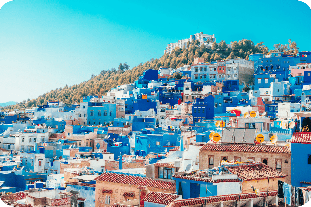 Vibrant blue coloured houses mountainious city Chefchaouen in Morocco.