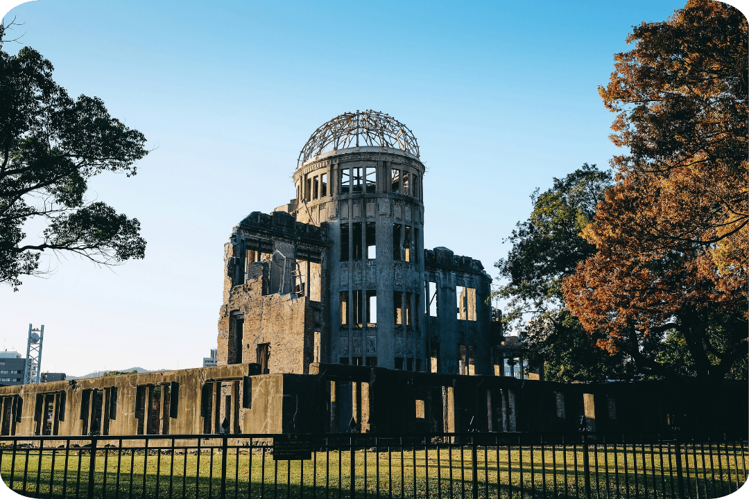 A broken down building in Hiroshima peace national park, the Atomic Bomb Dome: The skeletal remains of the building at the hypocenter of the 1945 explosion 