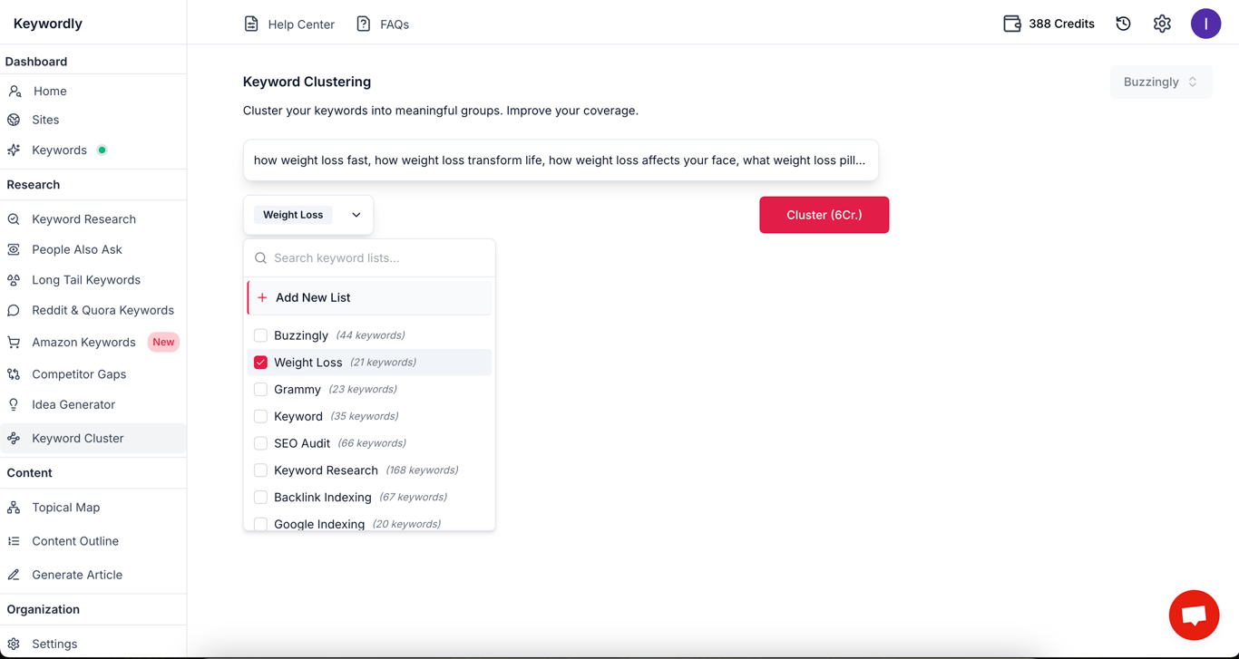 Use Keyword Lists to generate Keyword Clusters