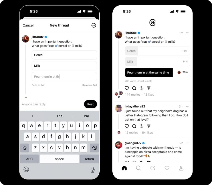 Two phone screens showing a poll on Threads and its results