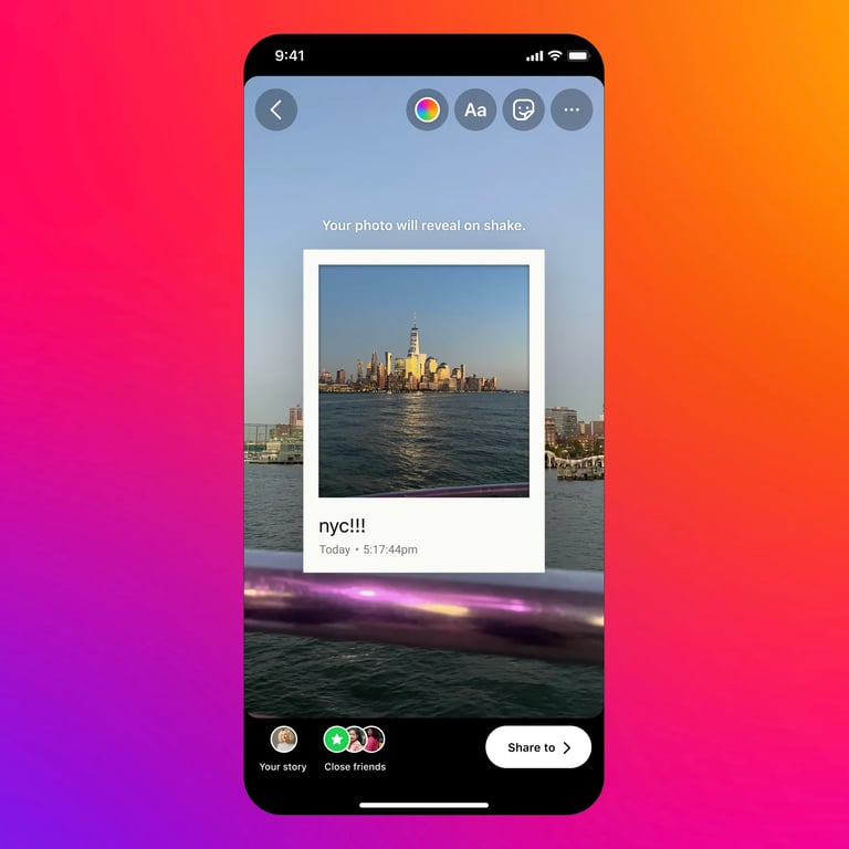 Screenshots showing the frames sticker being used over the NYC skyline. | Threadsaver.in