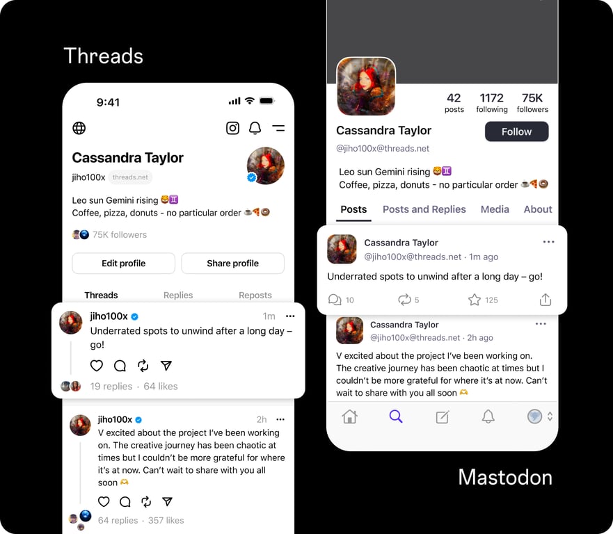 Two screens showing how to share content on Threads and Mastodon