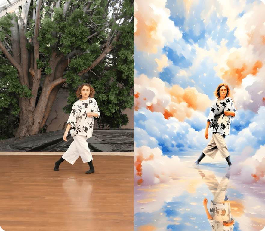 Two Vidoes side-by-side, original video on the left, video on the right is edited using AI Video Editing tool to change person's background  | Threadsaver.in