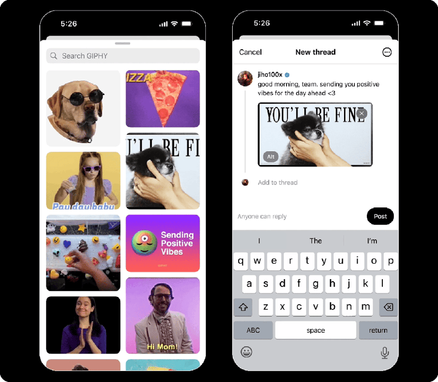 Two phone screens showing the GIF selector and a GIF in a thread on Threads | Threadsaver