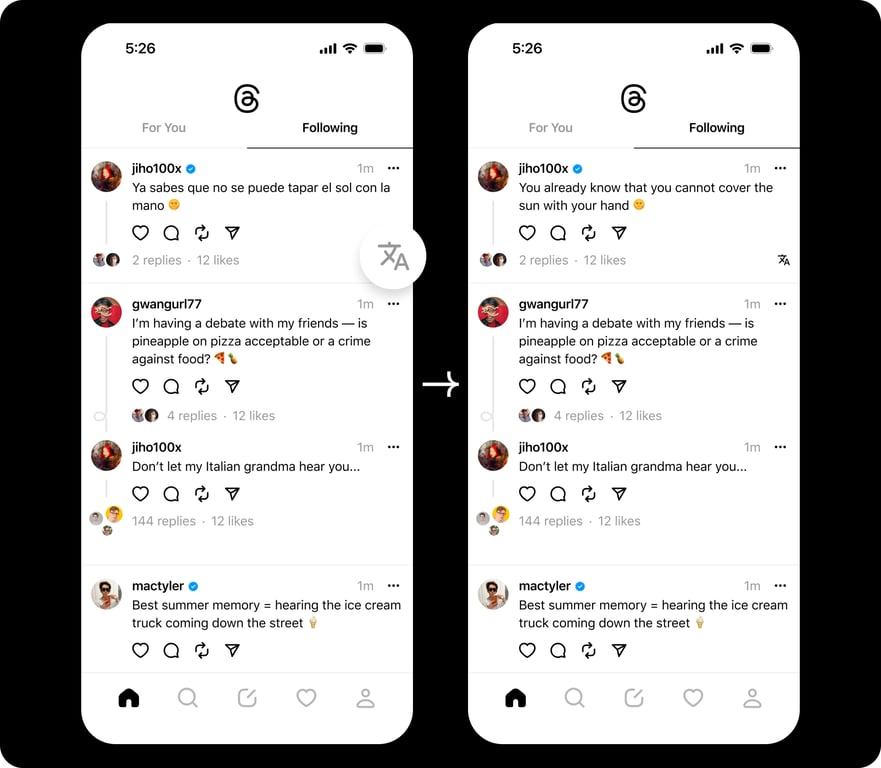 Two phone screens displaying automatic translations on Threads