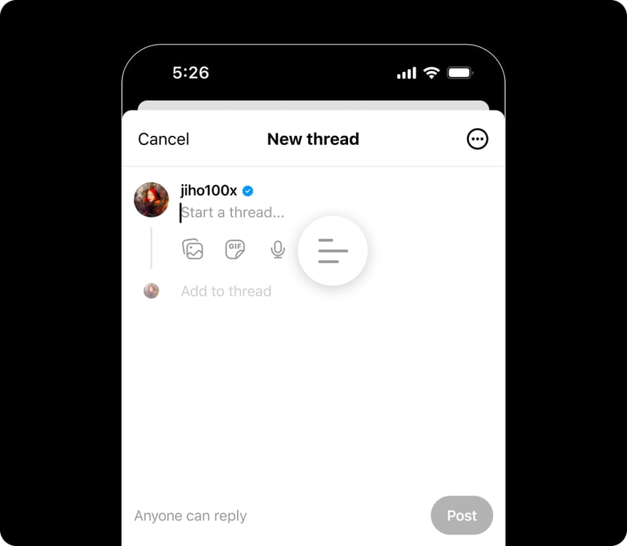 Phone screen displaying a new thread with the polls option on Threads