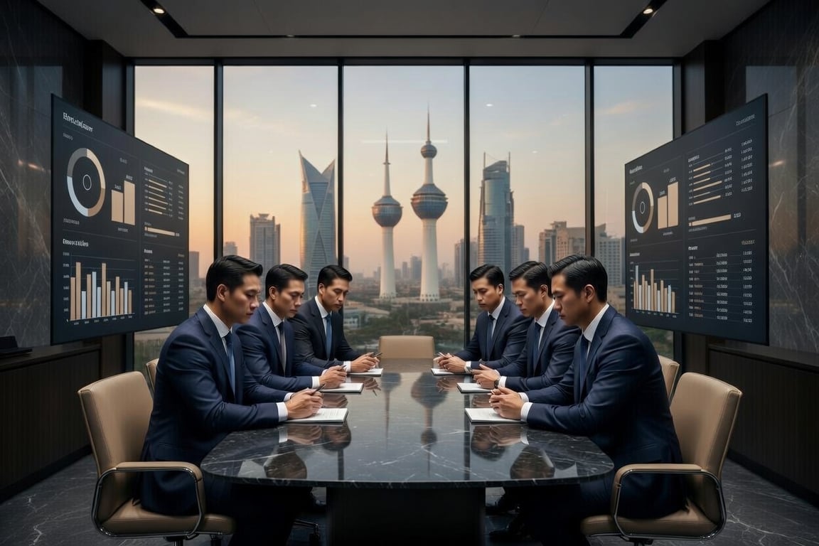 High-end corporate boardroom in Kuwait, executives reviewing large digital dashboards on wall screens, serious professional atmosphere, minimal modern interior design, charcoal and beige color palette, soft natural lighting, realistic photography, no glowing effects, no futuristic neon, mature enterprise aesthetic, strategic decision-making environment