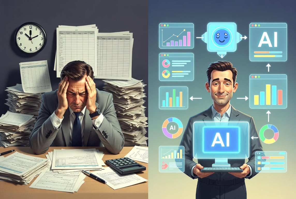 A split-screen comparison image. Left side shows a stressed business owner surrounded by paper stacks, manual spreadsheets, and a clock showing long hours — muted, slightly desaturated tones. Right side shows the same person looking confident and relaxed, with AI dashboards, automation flow charts, and a glowing AI interface on screens around them — bright, vibrant, energetic tones. This visualizes the "before and after" of partnering with an AI agency. Clean, editorial-style illustration.