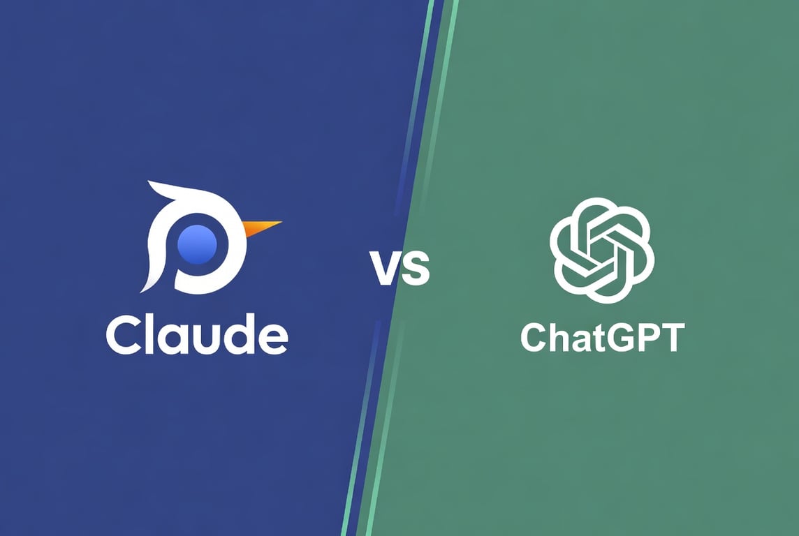 A clean, bold split-screen graphic: on the left side, the official Claude logo centered on a calm, deep blue background; on the right side, the official ChatGPT logo centered on a darker green background. A subtle, minimalist 'VS' divider exactly in the center. Professional, modern, and minimal design overall.