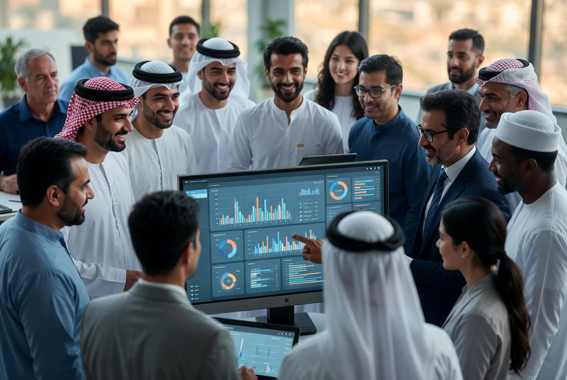 A wide-format, aspirational image showing a stylized map of Kuwait with glowing connection nodes and data flow lines emanating outward across the Gulf region and beyond. In the foreground, a sleek laptop screen shows a clean AI dashboard interface with the Jamil Global logo. The color palette is rich navy, gold (nodding to Kuwait's national identity), and electric blue. The mood should be forward-looking and confident — this is the future, and it's already happening.