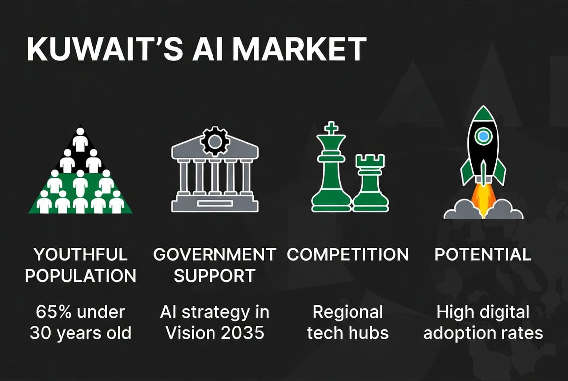A clean infographic-style illustration with four icons representing the four key points about Kuwait's AI market: a population pyramid showing youth, a government building with a gear icon, two chess pieces symbolizing competition, and a rocket launching representing untapped potential. Use Kuwait's national colors (green and white) as accent colors with a dark background. Modern, flat design style.