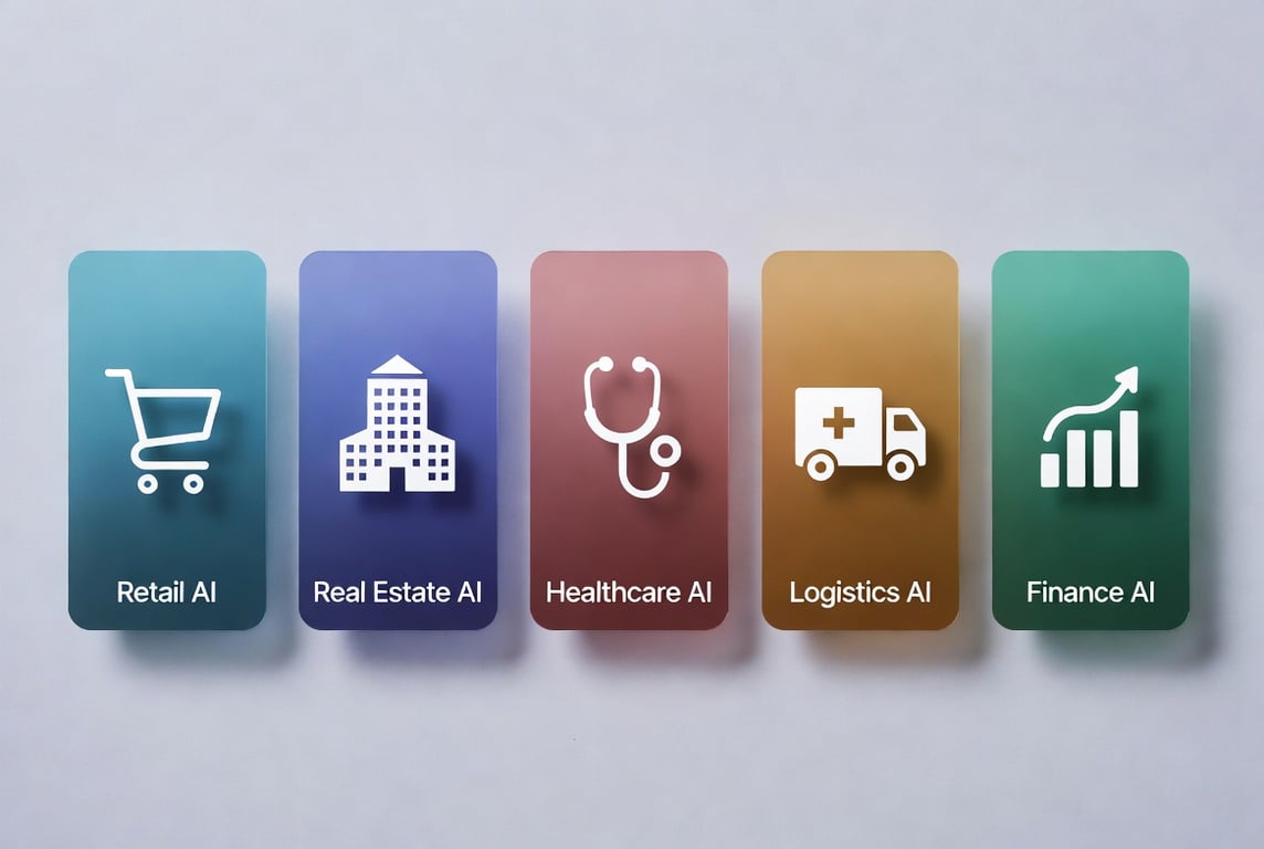 A horizontal row of five industry icons in a modern, colorful tile layout: a shopping cart (retail), a building (real estate), a stethoscope (healthcare), a truck (logistics), and a bar chart (finance). Each tile has a soft gradient background in a different color — teal, indigo, rose, amber, and emerald. Below each icon, a small caption like "Retail AI," "Real Estate AI," etc. Clean, minimal, professional design — like something from a premium product brochure