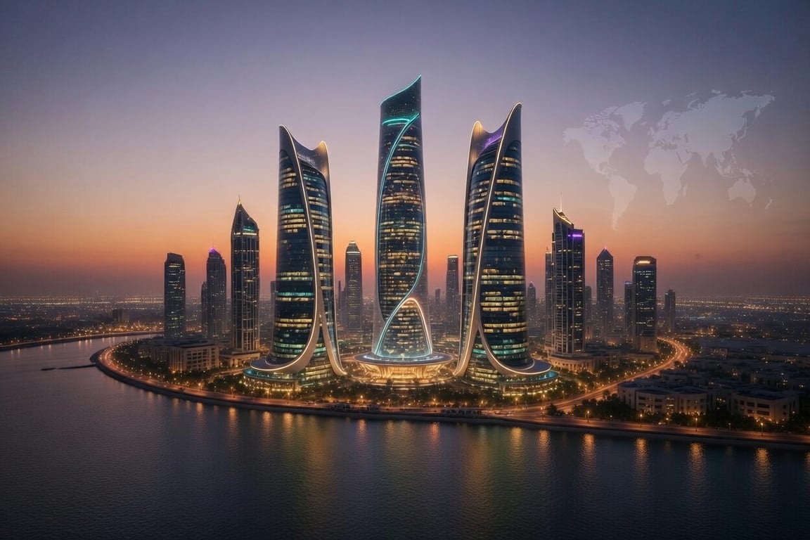 A dusk skyline of Kuwait City — not overly edited — with subtle digital light overlays that suggest invisible intelligence.