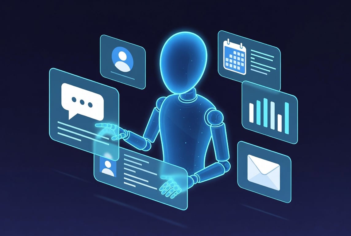A visual metaphor showing an AI agent as a glowing digital humanoid figure sitting at a virtual desk, surrounded by floating task cards (customer message, calendar event, data chart, email icon). The figure is reaching out to interact with multiple cards simultaneously. Use a dark navy background with electric-blue and white accents. The style should feel like a premium tech product illustration — clean lines, subtle gradients.