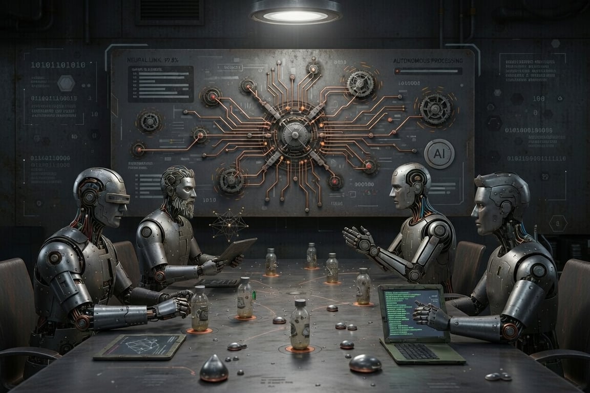 Abstract illustration of autonomous AI agents — interconnected nodes, robotic logic flows, or a digital assistant interface