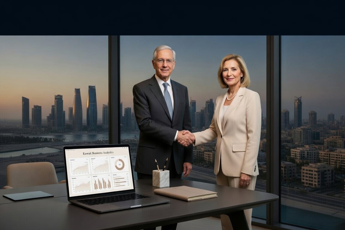 Panoramic skyline of Kuwait City at dusk, natural lighting, muted navy and beige tones, subtle golden highlights, cinematic professional photography, corporate elegance, no neon, no robots, minimal and refined