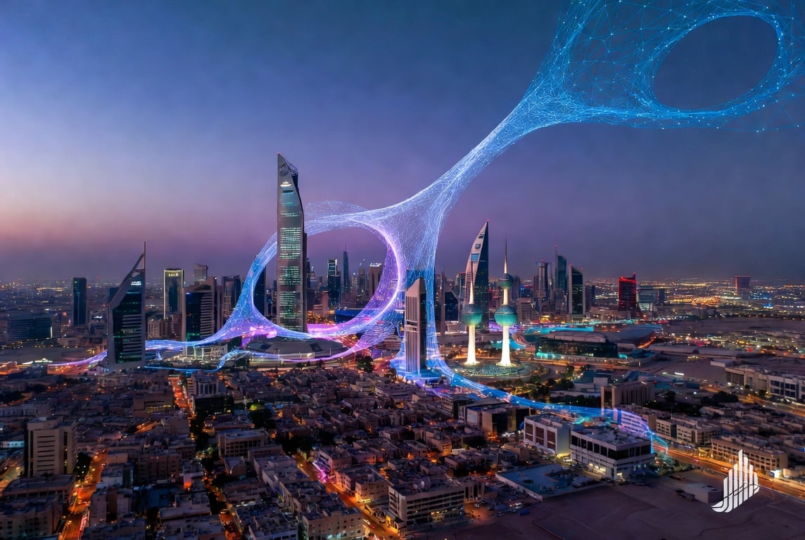 A sleek, modern aerial view of Kuwait City's skyline at dusk, with a soft blue-and-purple digital overlay suggesting data flows and neural network patterns connecting the skyscrapers. The Jamil Global logo sits subtly in the bottom right corner. The mood feels ambitious and technological without being cold.