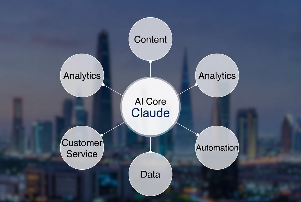 A visual diagram with a central "AI Core" node labeled Claude in deep blue, connected by clean straight lines to multiple surrounding business function nodes: Content, Customer Service, Data, Automation, Analytics. The entire diagram features a minimal, modern, professional, authoritative, and scannable design. In the background, a subtle blurred Kuwait City skyline at dusk. Represents Jamil Global's full-system AI approach.