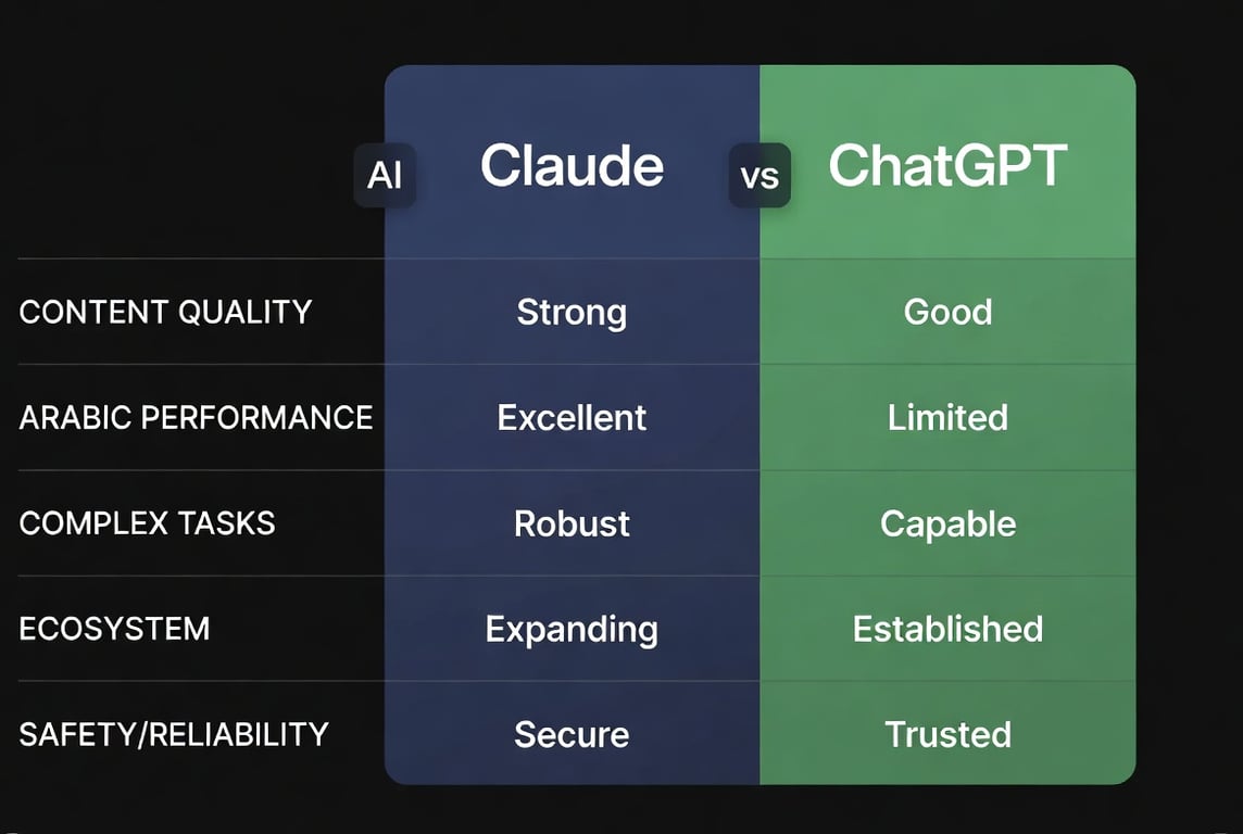 A clean comparison table graphic with rows for Content Quality, Arabic Performance, Complex Tasks, Ecosystem, and Safety/Reliability. Two columns: Claude on the left in deep blue, ChatGPT on the right in green. Claude wins marked in deep blue, ChatGPT wins marked in green. Minimal, authoritative, professional, modern and scannable design.