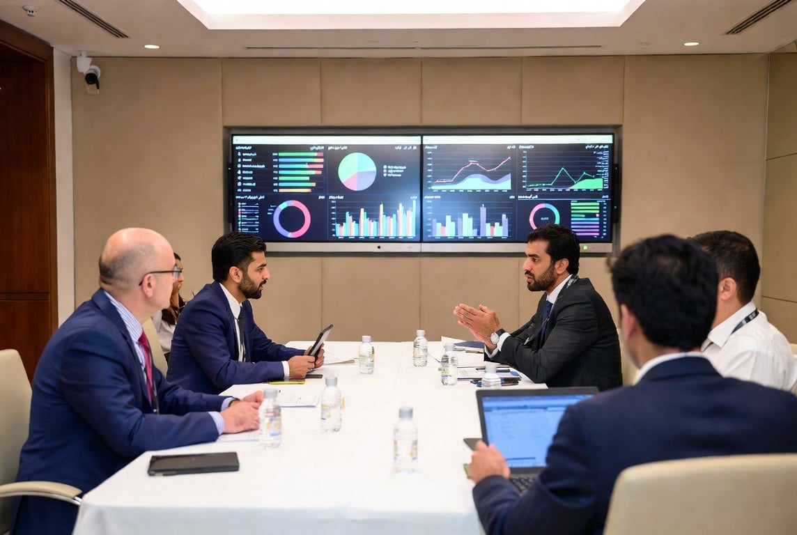 A boardroom or executive meeting in a Gulf setting, with data dashboards visible on large screens
