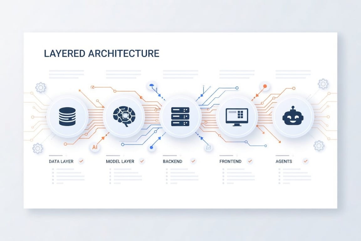 : A layered architecture diagram — Data Layer → Model Layer → Backend → Frontend → Agents — clean infographic style