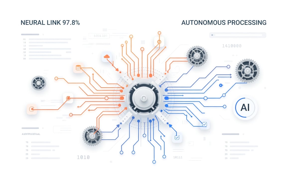 A workflow automation diagram — gears, arrows, process nodes — with a modern, clean design