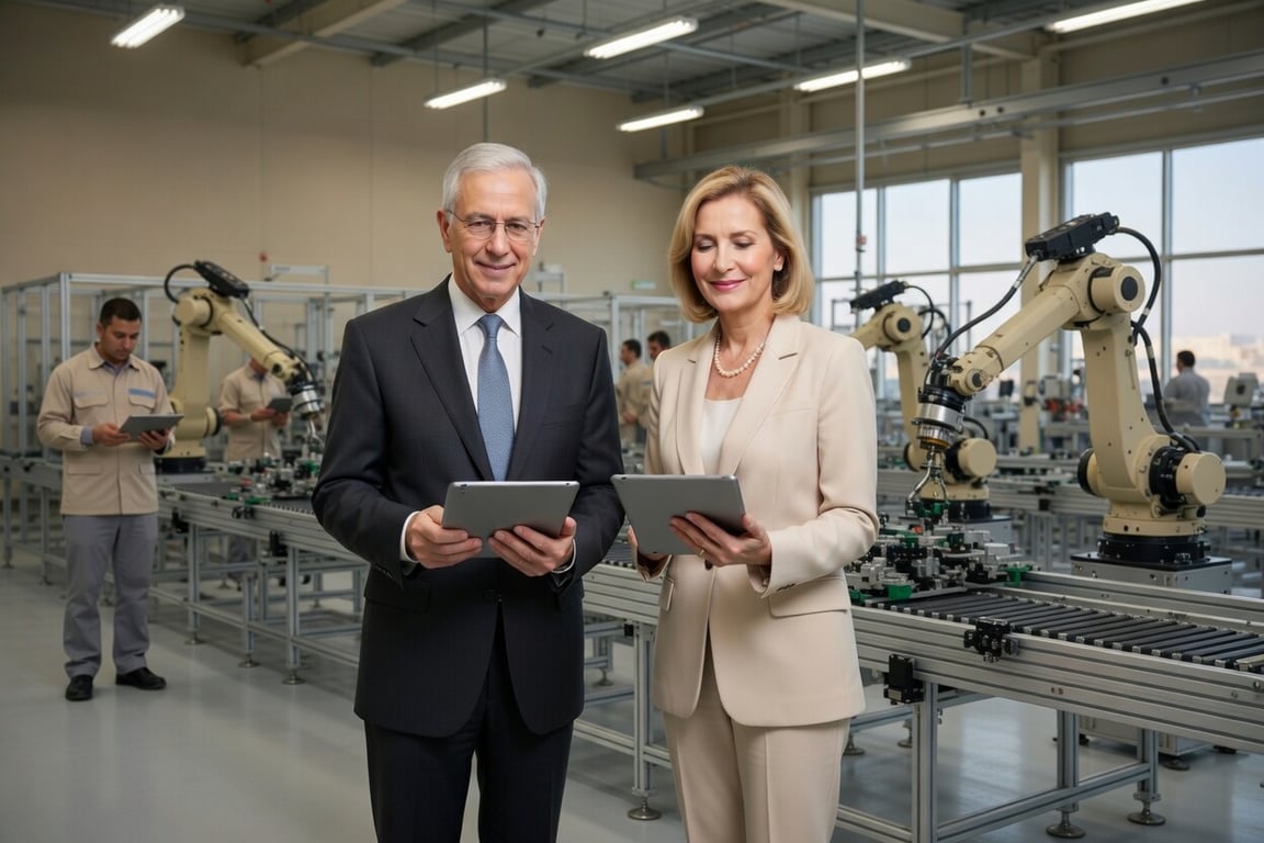 Modern factory floor in Kuwait, robotic arms and assembly lines in soft natural light, employees monitoring operations via tablets, muted beige and steel tones, realistic photography, minimalistic, professional and corporate, AI automation concept implied, no neon, no futuristic glow, no sci-fi